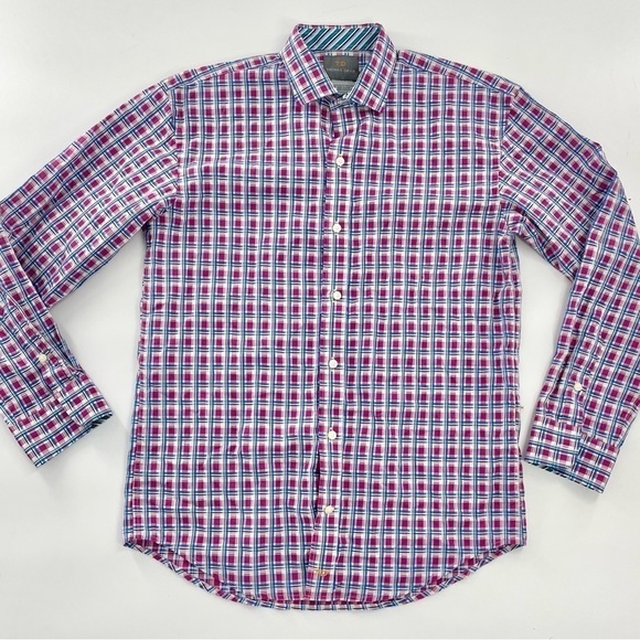 Thomas Dean Mens Large Pink and Blue Preppy Plaid Dress Business Casual Shirt - Picture 1 of 8